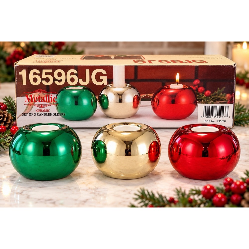 REFLECTIVE Ball Ornament Candle Holders Set Of 3 Green Gold Red.